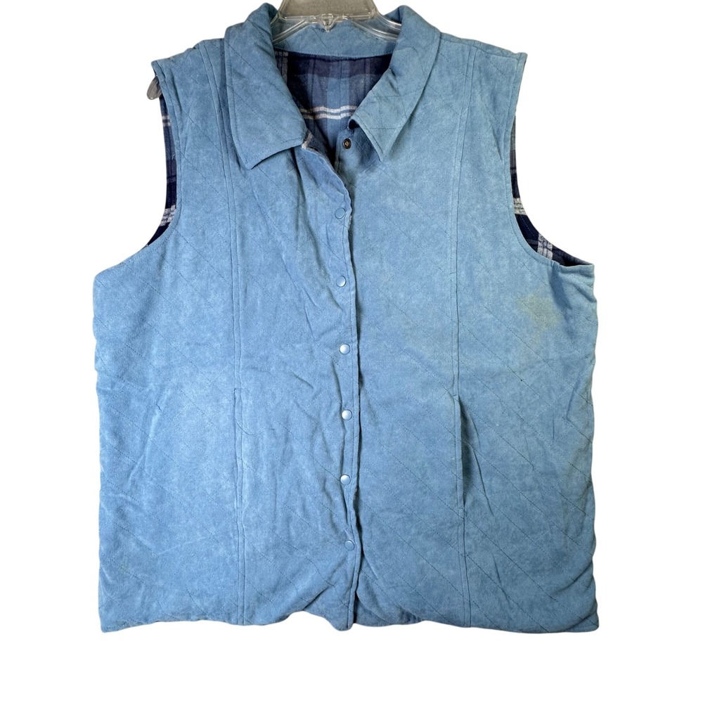 Denim & Co Blue Faux Suede Quilted Vest Plaid Lined XL Gorpcore Cabin Reversible